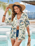 Tassel Printed Open Front Half Sleeve Cover-Up - Hovatok