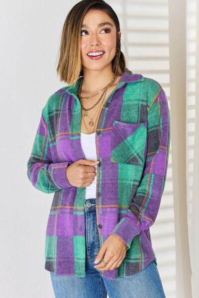 Zenana Plaid Button Up Long Sleeve Shacket - Hovatok
