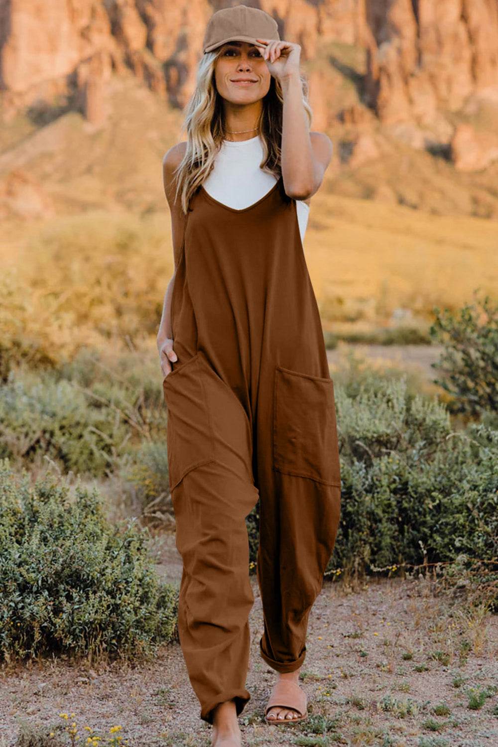Double Take Full Size V-Neck Sleeveless Jumpsuit with Pockets - Hovatok