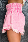 Washed Wide Smocked Waistband Frayed Denim Shorts - Hovatok