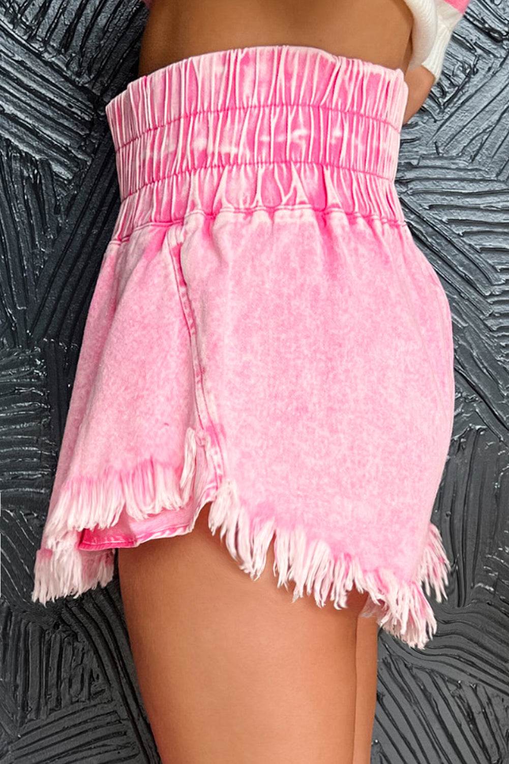 Washed Wide Smocked Waistband Frayed Denim Shorts - Hovatok