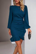 Devine Ruched Ruffled Balloon Sleeve Mini Dress - Hovatok
