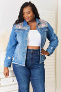 Baeful Leopard Floral Distressed Raw Hem Denim Jacket - Hovatok