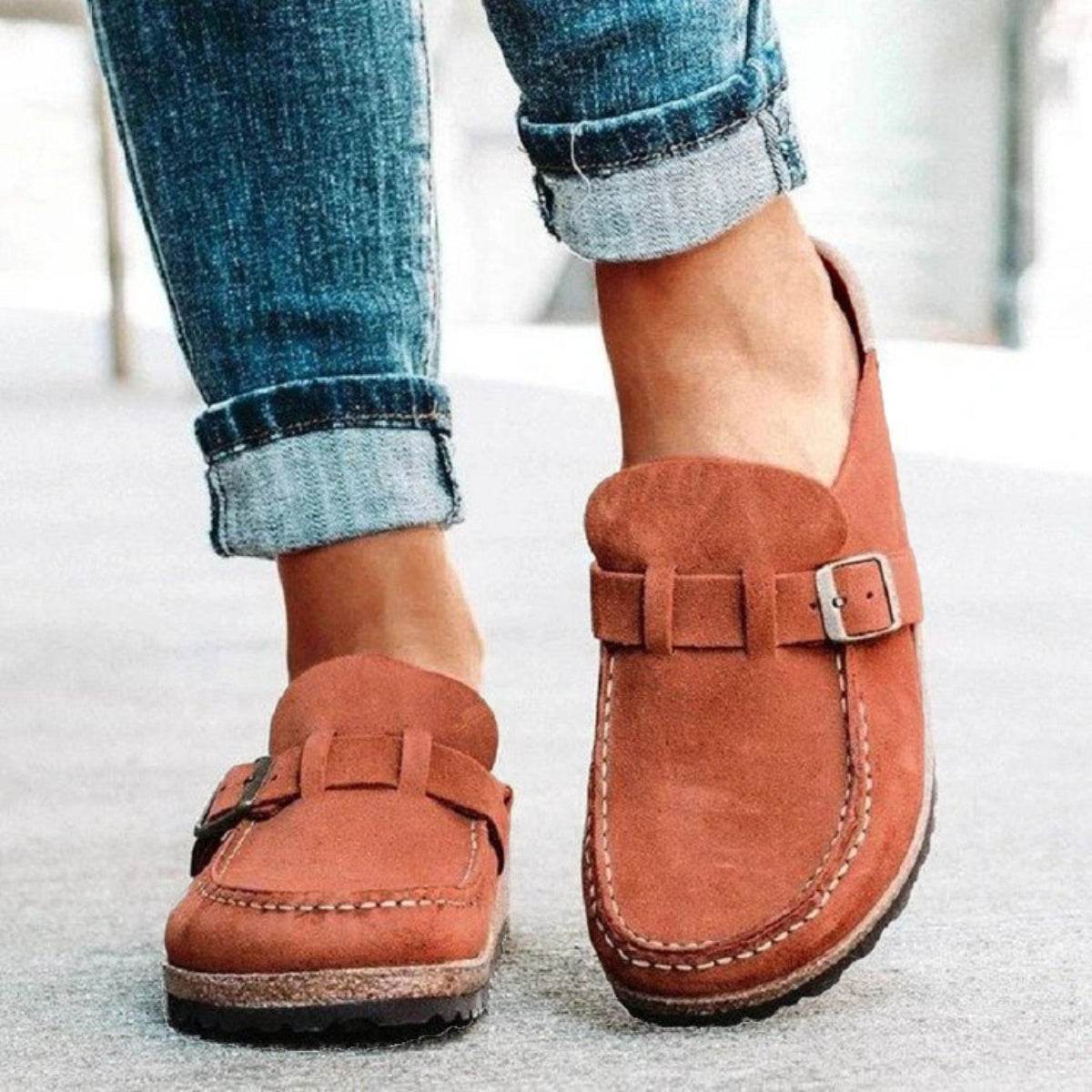 Round Toe Low Heel Buckle Loafers - Hovatok