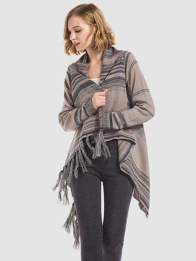 Angel Wings Tassel Striped Open Front Long Sleeve Cardigan - Hovatok