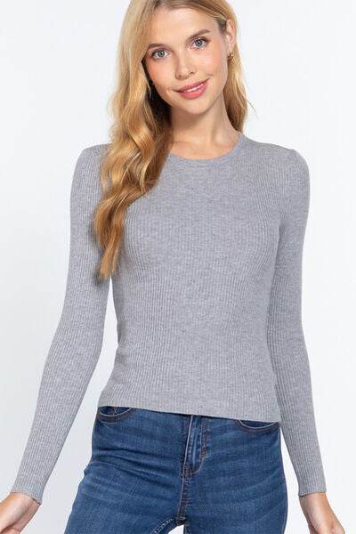 ACTIVE BASIC Full Size Ribbed Round Neck Long Sleeve Knit Top - Hovatok