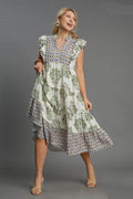 Umgee Full Size Mixed Print Ruffle Cap Sleeve Midi Dress Plus Size - Hovatok