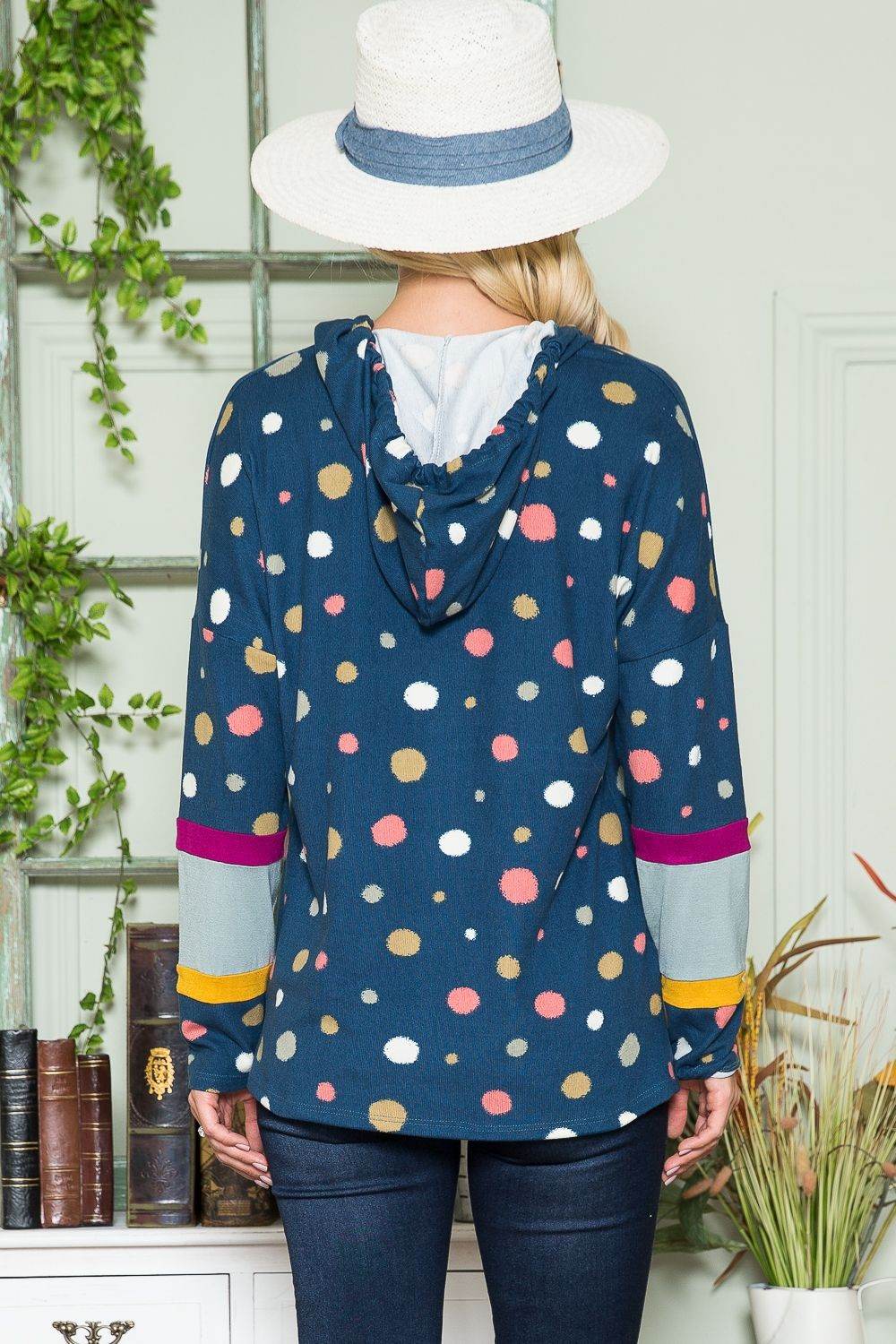 Celeste Full Size Polka Dot Drawstring Hoodie - Hovatok