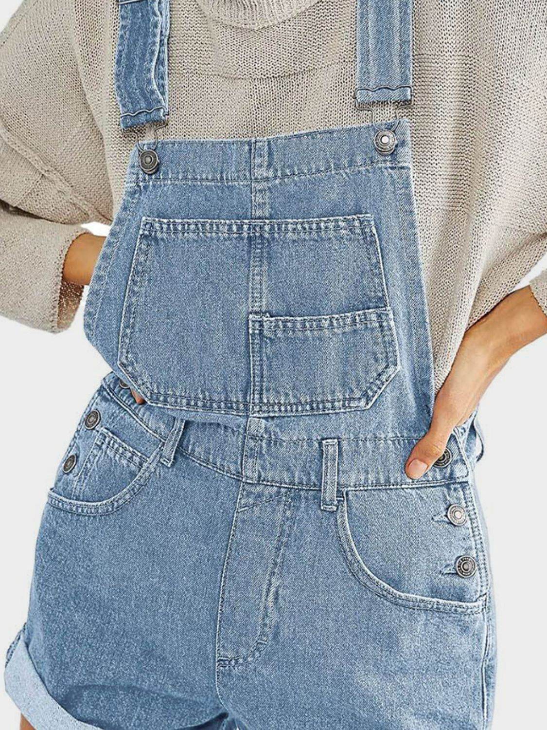 Pocketed Square Neck Wide Strap Denim Overalls - Hovatok