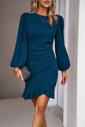 Devine Ruched Ruffled Balloon Sleeve Mini Dress - Hovatok