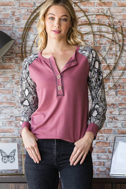 Heimish Full Size Snakeskin Print Raglan Sleeve Half Button Top - Hovatok