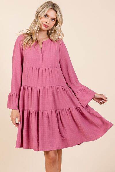 Mittoshop Tiered Notched Flare Sleeve Dress - Hovatok