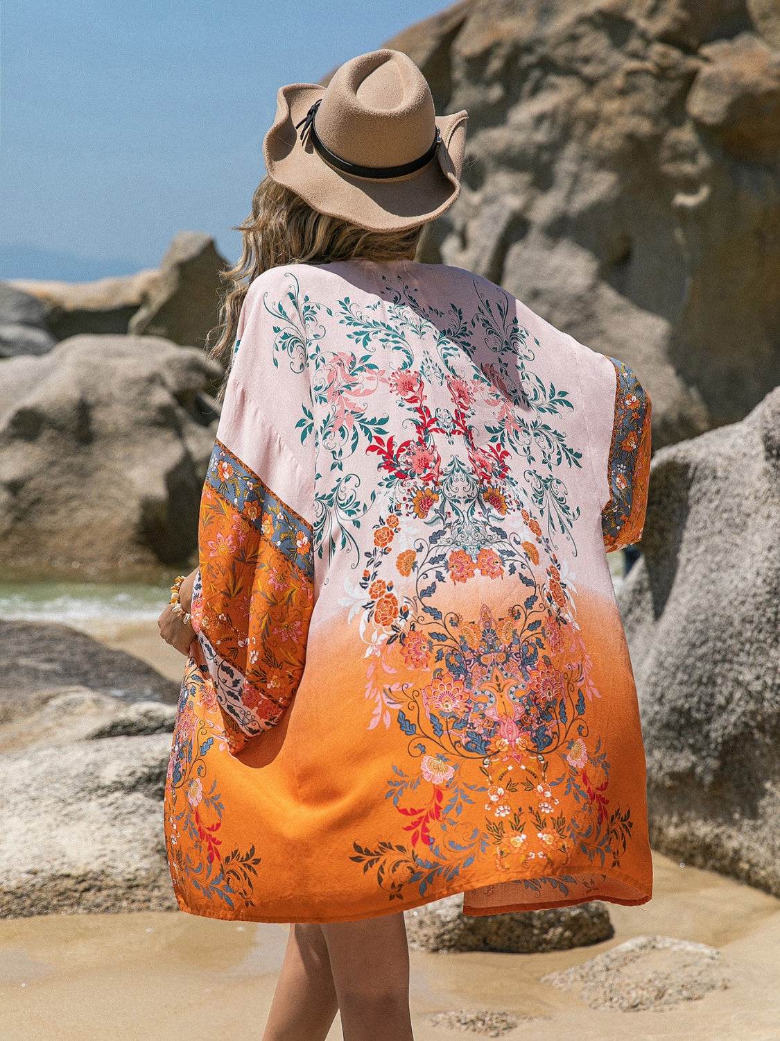 Printed Open Front Long Sleeve Cover-Up - Hovatok