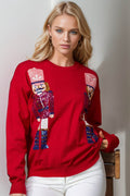 Double Take Full Size Nutcracker Sequin Long Sleeve Sweater - Hovatok