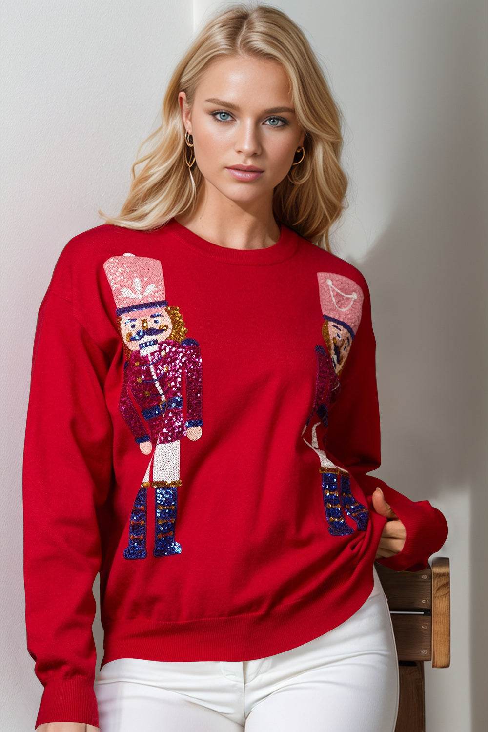 Double Take Full Size Nutcracker Sequin Long Sleeve Sweater - Hovatok