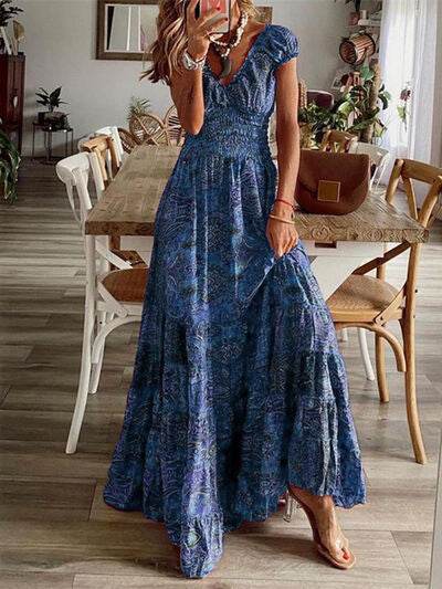 Full Size Smocked Printed V-Neck Short Sleeve Dress - Hovatok