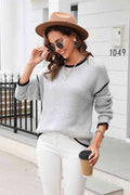 Angel Wings Round Neck Long Sleeve Waffle-Knit Sweater - Hovatok