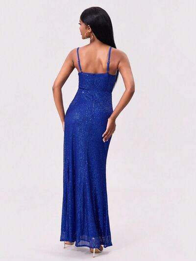 Slit Sequin Square Neck Spaghetti Strap Dress - Hovatok