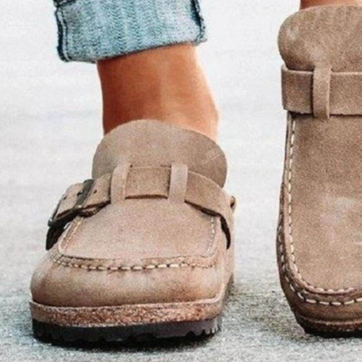 Round Toe Low Heel Buckle Loafers - Hovatok