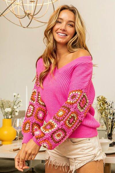 BiBi V-Neck Crochet Long Sleeve Sweater - Hovatok