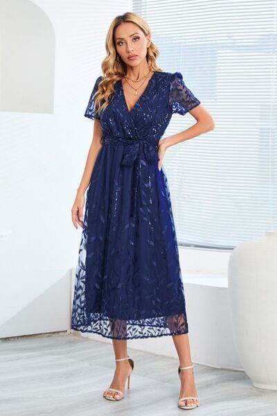 Sequin Leaf Embroidery Tie Front Short Sleeve Dress - Hovatok