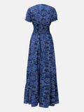 Full Size Smocked Printed V-Neck Short Sleeve Dress - Hovatok