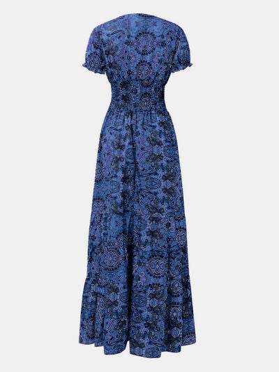 Full Size Smocked Printed V-Neck Short Sleeve Dress - Hovatok