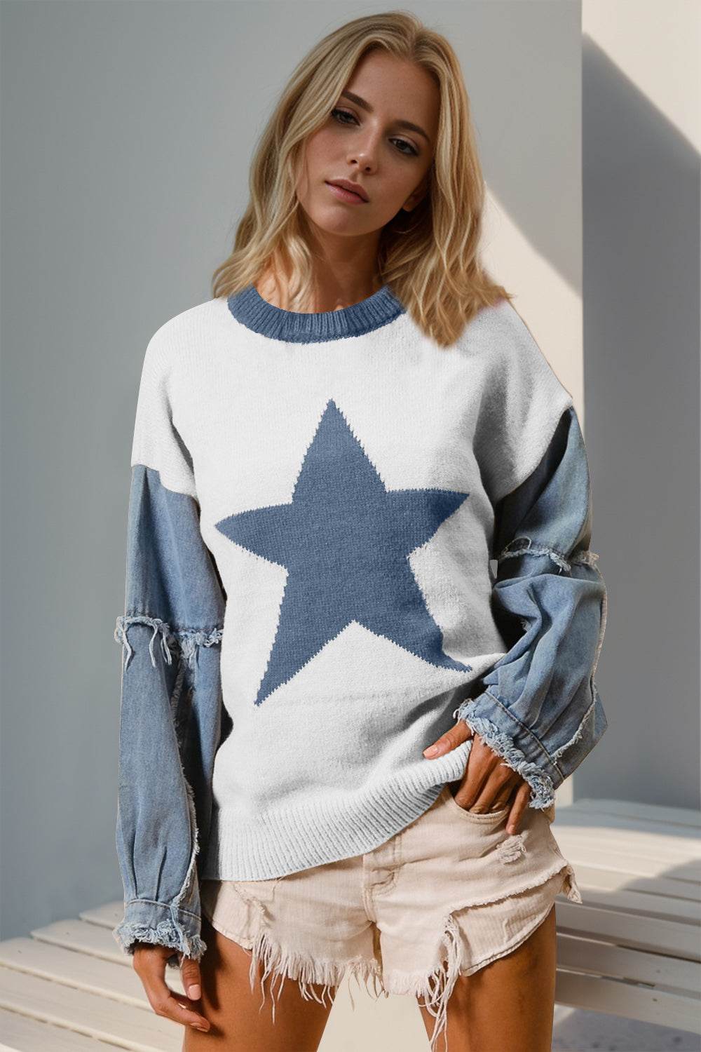 Double Take Full Size Star Pattern Raw Edge Long Sleeve Sweater - Hovatok