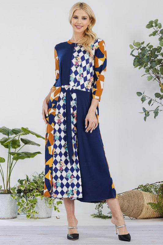 Celeste Full Size Multi Pattern Front Tie Midi Dress Plus Size - Hovatok