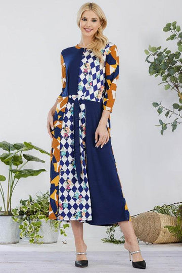 Celeste Full Size Multi Pattern Front Tie Midi Dress Plus Size - Hovatok