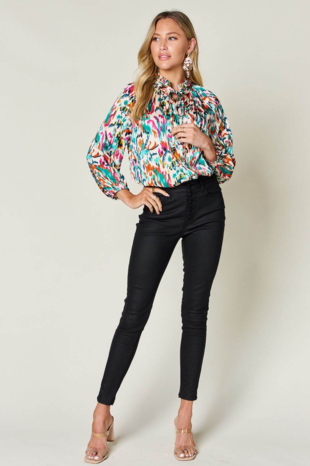 Double Take Full Size Printed Button Up Long Sleeve Shirt - Hovatok