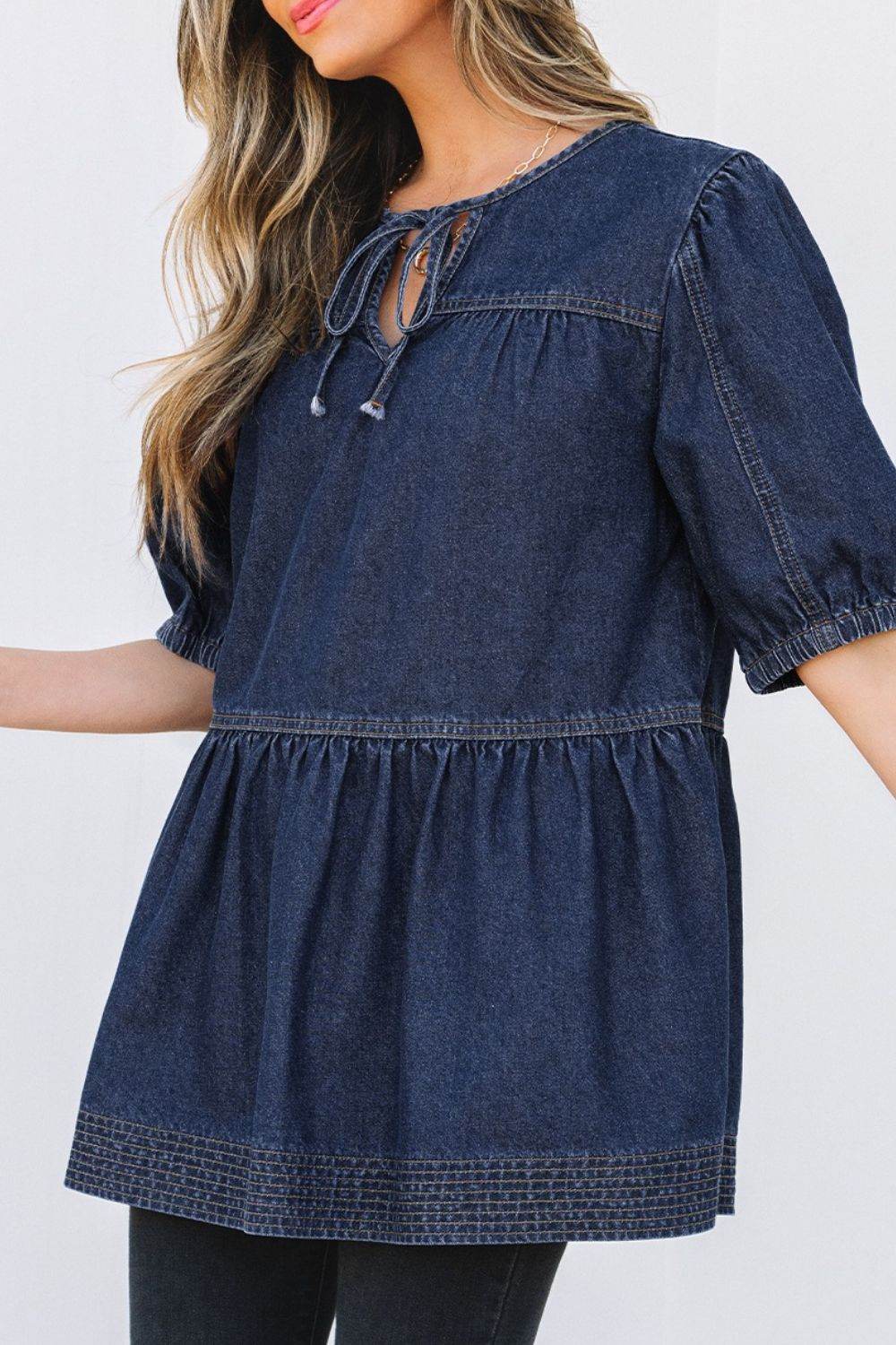 Tie Neck Babydoll Denim Top - Hovatok