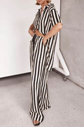 Striped Collared Neck Half Sleeve Top and Pants Set - Hovatok
