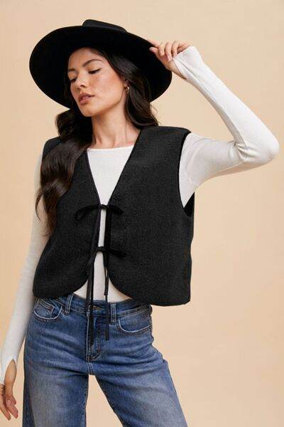 Annie Wear V-Neck Tie Detail Vest Coat - Hovatok