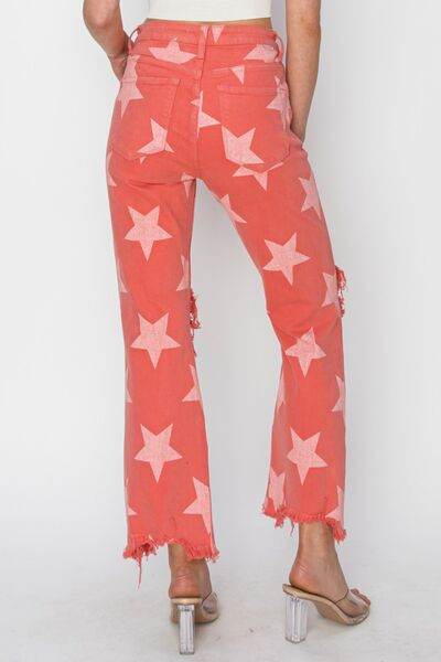 RISEN Full Size Distressed Raw Hem Star Pattern Jeans - Hovatok