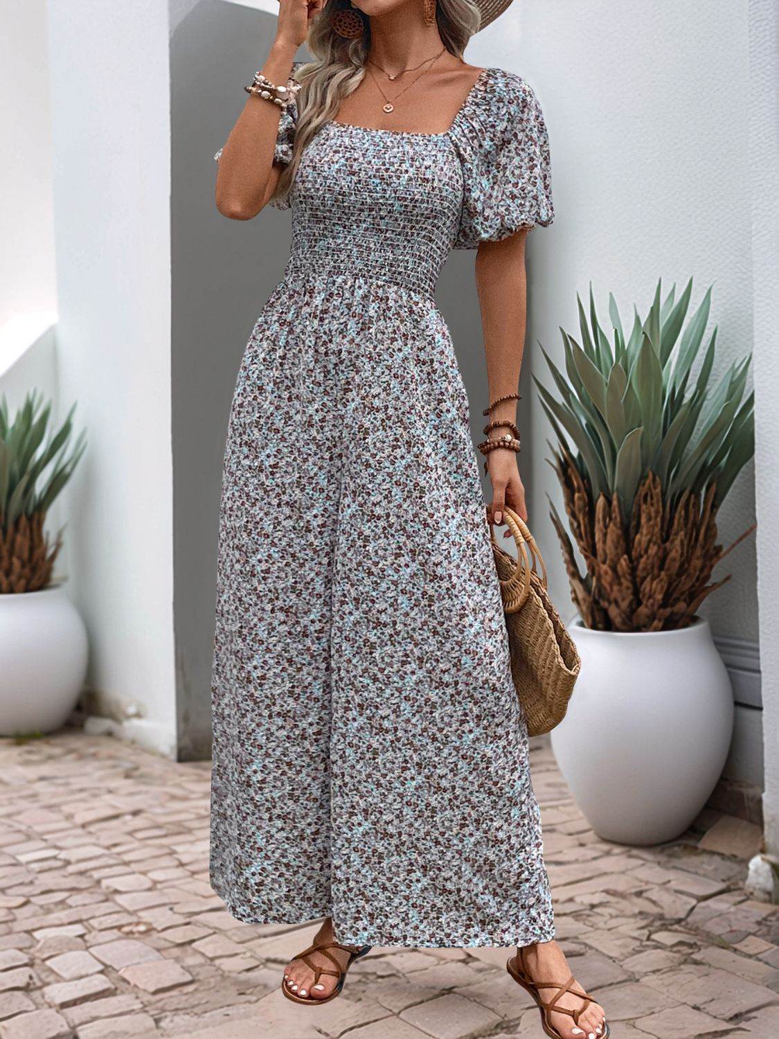 Perfee Ditsy Floral Smocked Square Neck Puff Sleeve Jumpsuit - Hovatok