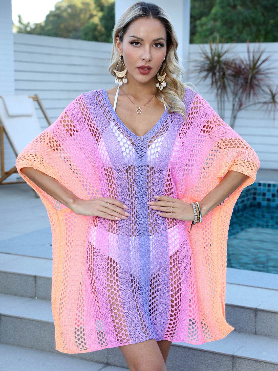 Openwork Contrast V-Neck Cover-Up - Hovatok