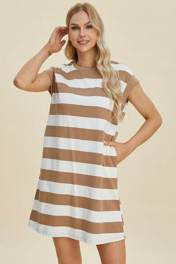 Basic Bae Full Size Striped Round Neck Cap Sleeve Mini Dress - Hovatok