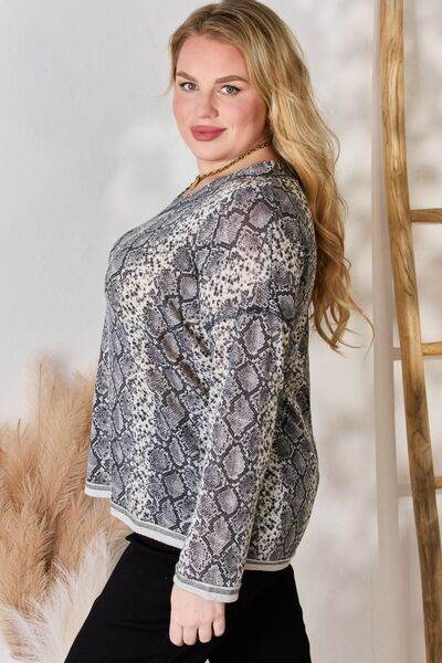 Hailey & Co Full Size Snakeskin V-Neck Long Sleeve Top - Hovatok