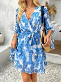 Devine Printed Surplice Ruffled 3/4 Sleeve Mini Dress - Hovatok