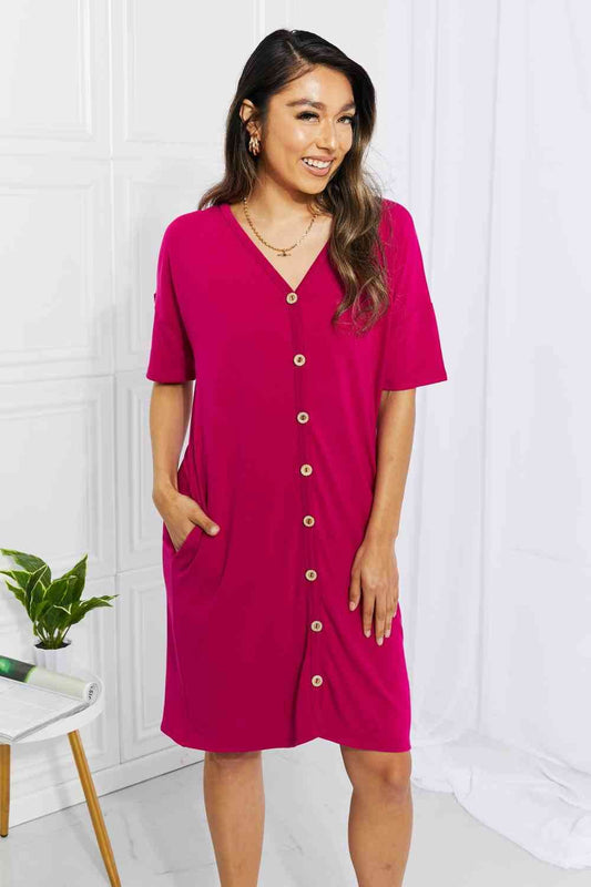 BOMBOM Sunday Brunch Button Down Knee-Length Dress in Magenta - Hovatok