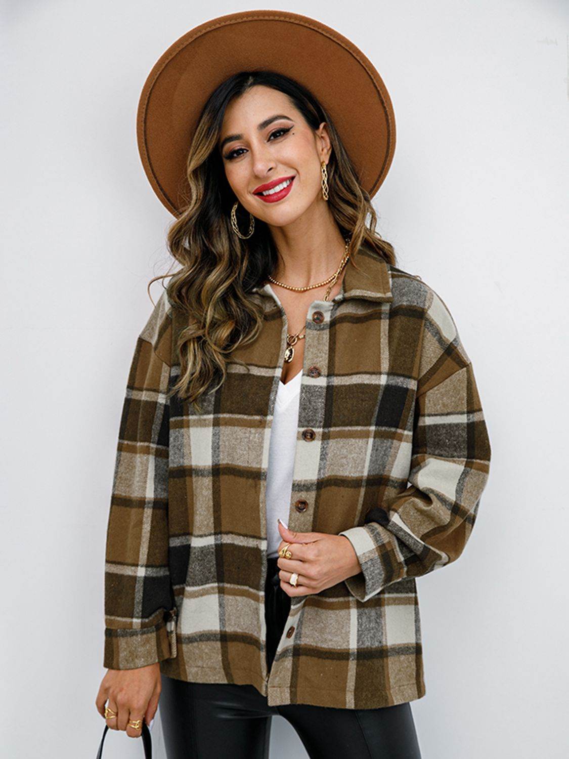 Shiny Plaid Button Up Collared Neck Jacket - Hovatok