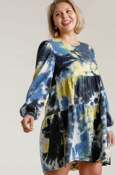 Umgee Full Size Tie Dye Round Neck Long Sleeve Babydoll Tiered Dress Plus Size - Hovatok