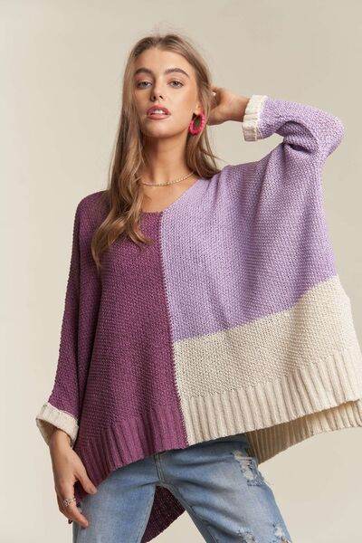 ADORA Side Slit Color Block Long Sleeve Sweater - Hovatok