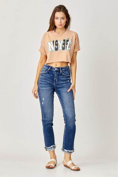Risen Full Size High-Rise Frayed Cuffed Straight Jeans - Hovatok