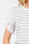 Ces Femme Contrast Striped Ruffled Cap Sleeve Blouse - Hovatok