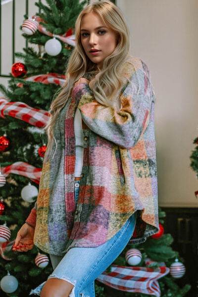 Double Take Full Size Button Up Plaid Fleece Shacket with Pockets - Hovatok