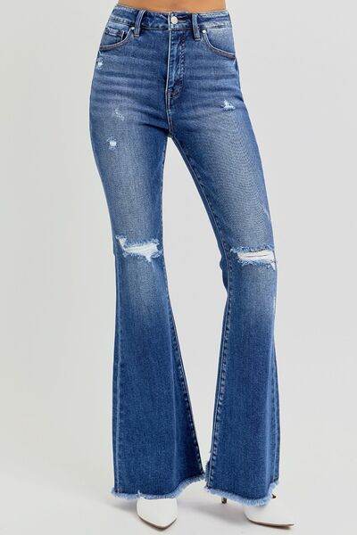 RISEN Full Size High Rise Distressed Raw Hem Flare Jeans - Hovatok