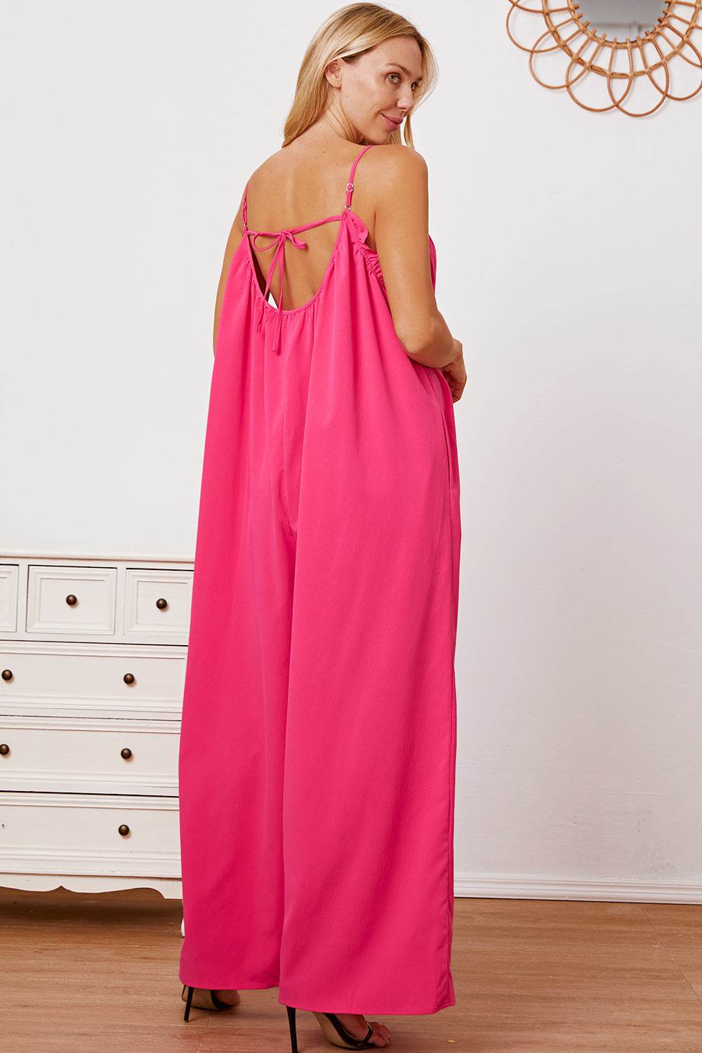Double Take Full Size Ruffle Trim Tie Back Cami Jumpsuit with Pockets - Hovatok