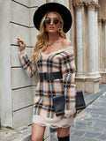 Plaid Distressed V-Neck Sweater Dress - Hovatok